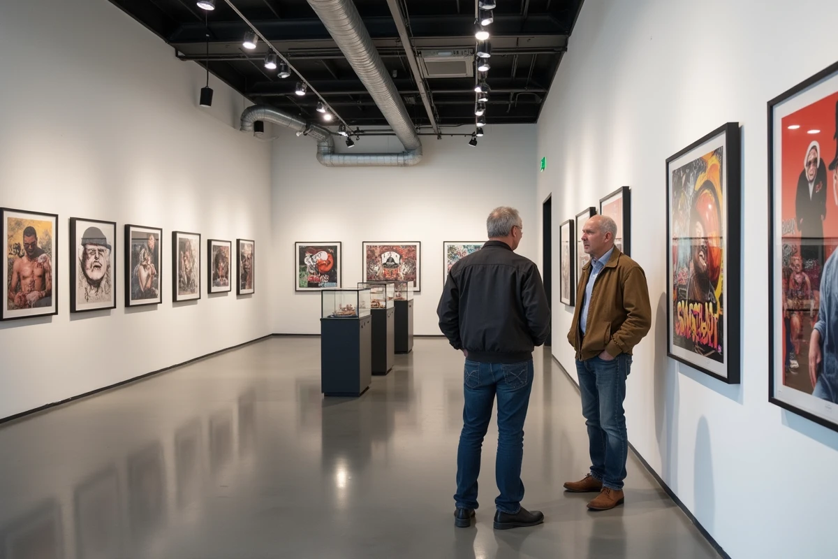Deux hommes discutant devant des œuvres de street art encadrées dans une galerie d'art urbain contemporaine
