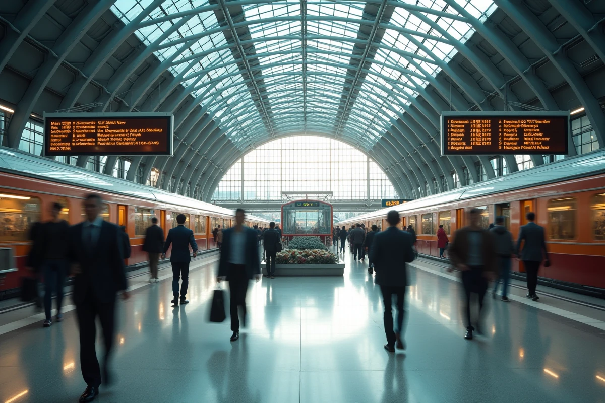 Gare ferroviaire ultramoderne bondée de voyageurs avec architecture en verre et panneaux d'affichage numériques des trains à grande vitesse