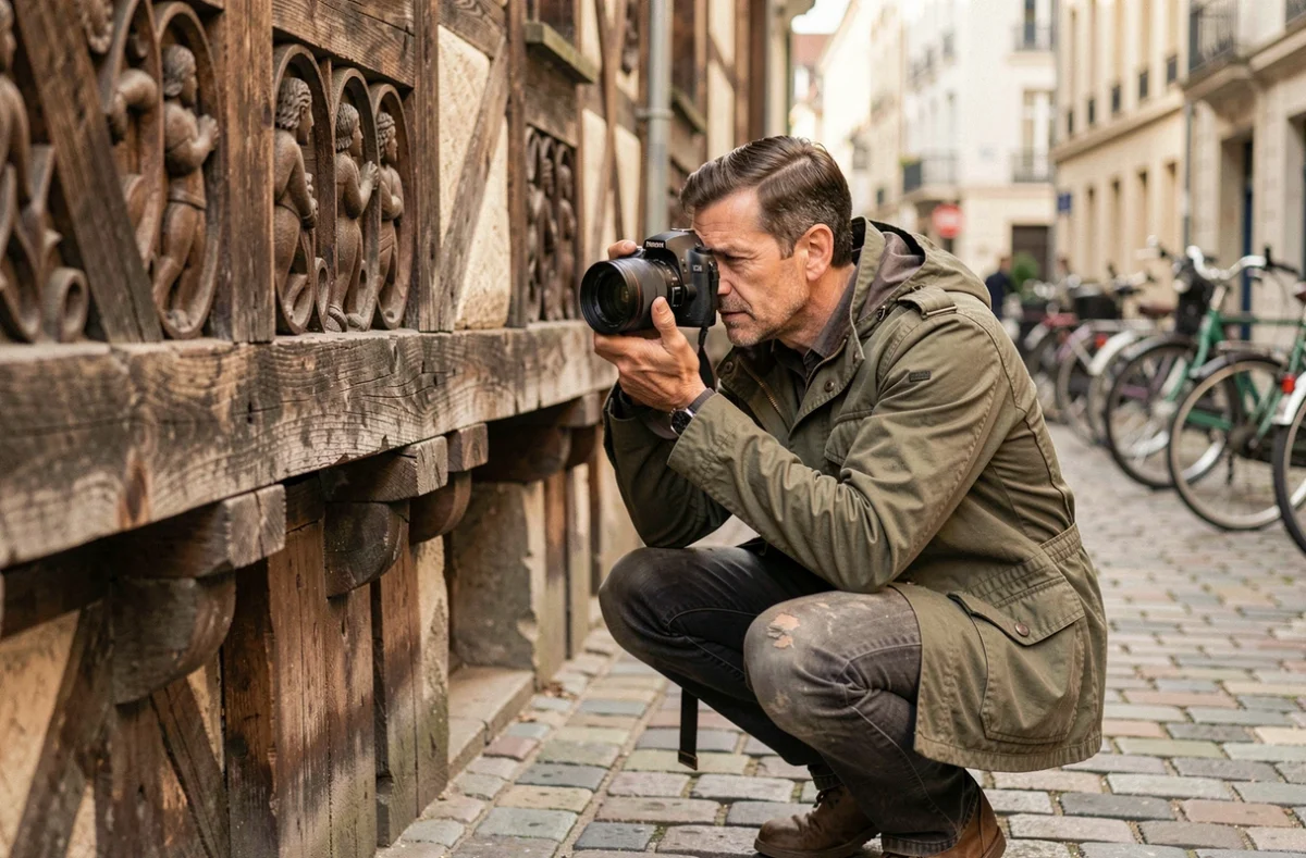 Photographe homme en veste kaki photographiant une façade à colombages dans une rue de Rennes – Gauter Guillaume