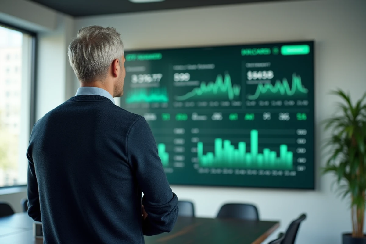 Gestionnaire de fonds présentant un tableau de bord d'ETF durables sur un écran tactile en salle de réunion