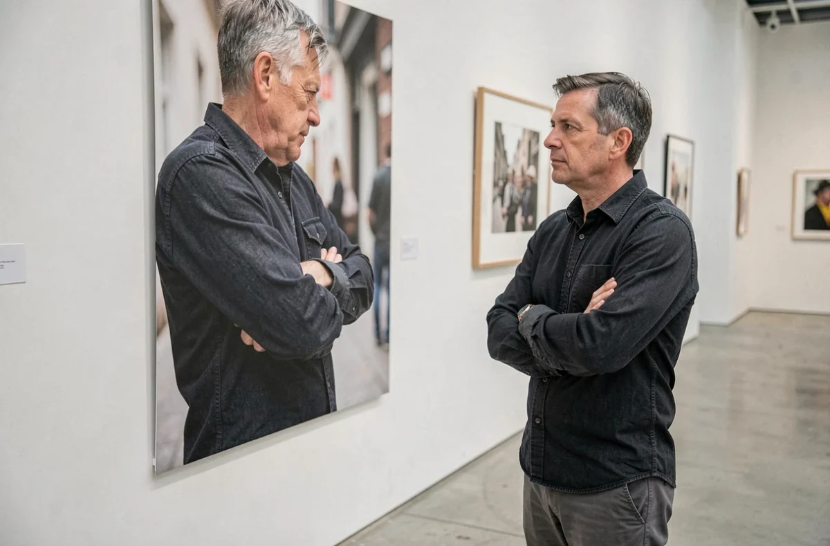 Photographe homme aux cheveux grisonnants dans une galerie d'art contemporain à Rennes devant ses œuvres – Grivet Laurent
