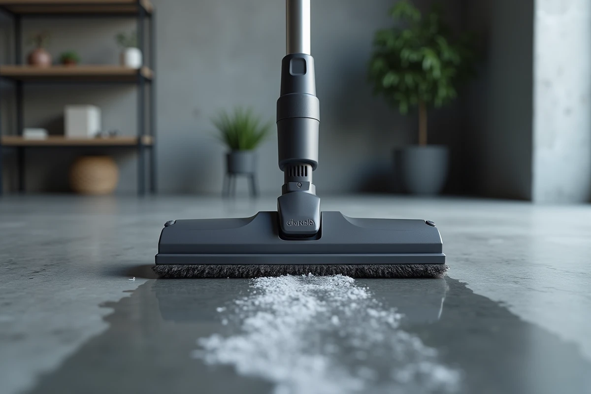 Gros plan de la brosse d'un aspirateur laveur sur sol béton poli dans un loft