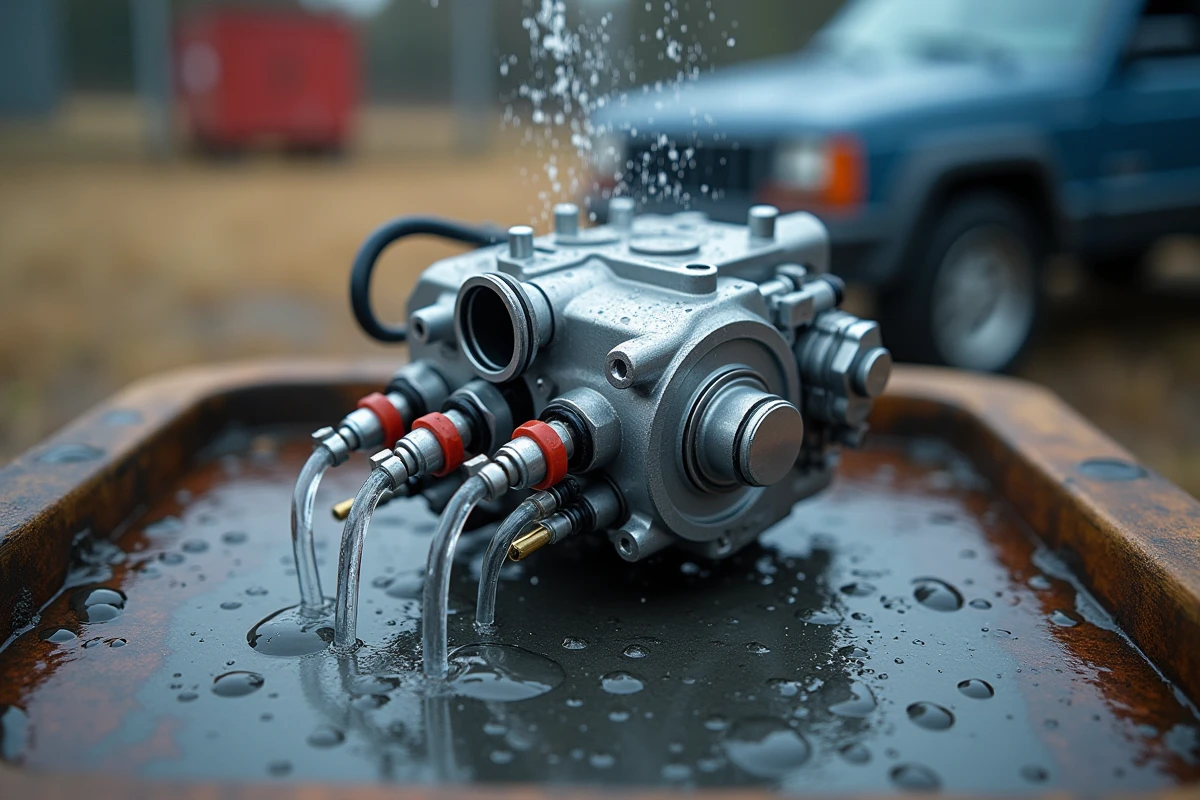 Gros plan sur un moteur expérimental avec des connexions d'eau et des gouttelettes sur les pièces métalliques