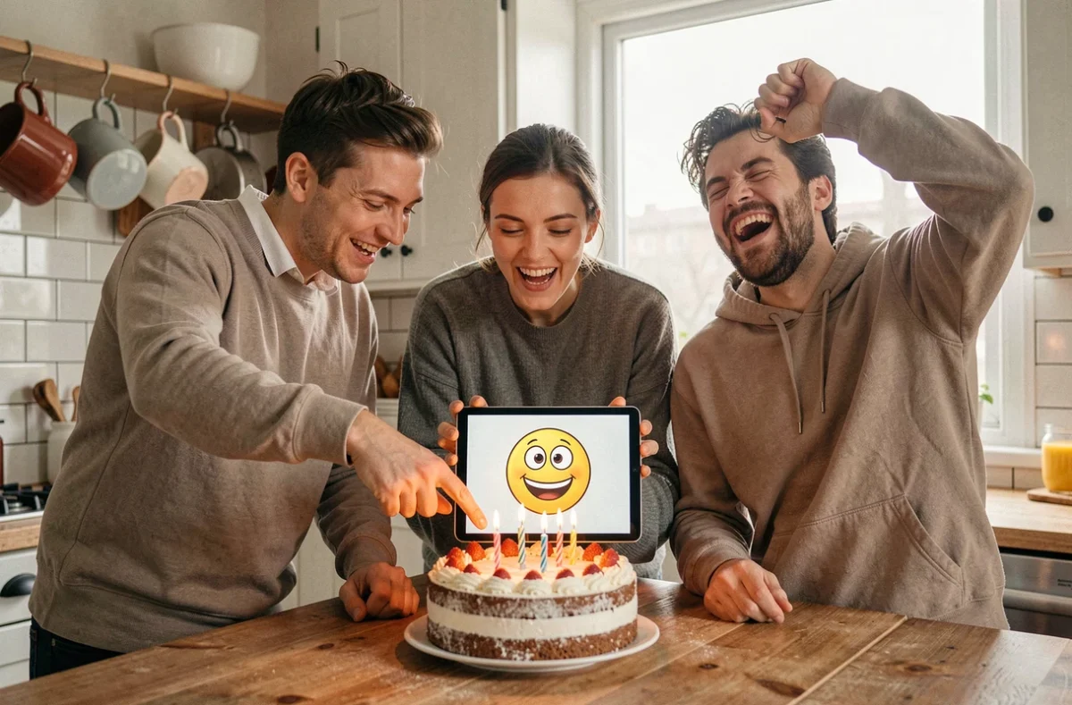 Groupe d'amis riant ensemble devant un smiley anniversaire rigolo sur une tablette autour d'un gâteau