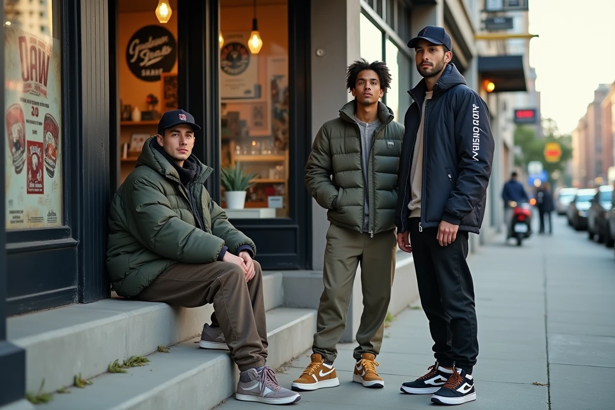 Groupe d'amis en tenue streetwear devant une boutique de skate vintage à Los Angeles, évoquant la culture streetwear des années 90