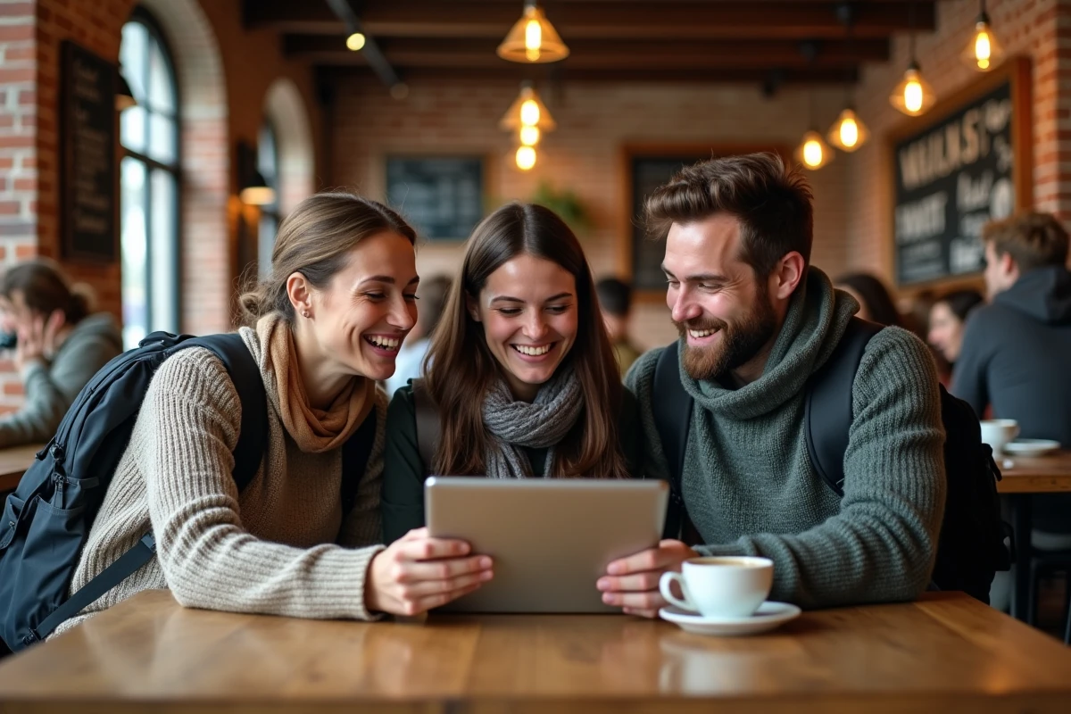 Groupe d'amis voyageurs consultant des photos de voyage sur une tablette dans un café, planifiant leur itinéraire via les réseaux sociaux