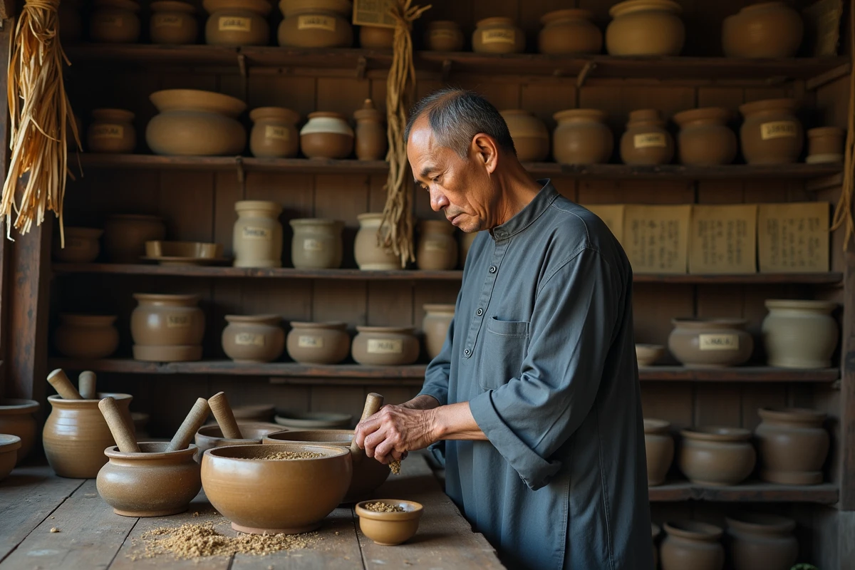 Guérisseur traditionnel asiatique préparant des remèdes à base de plantes dans son atelier d'herboristerie
