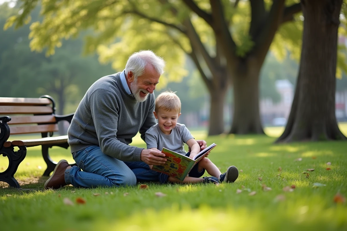 Un homme d'une cinquantaine d'années et un jeune garçon partagent un moment complice en lisant un livre illustré dans un parc verdoyant