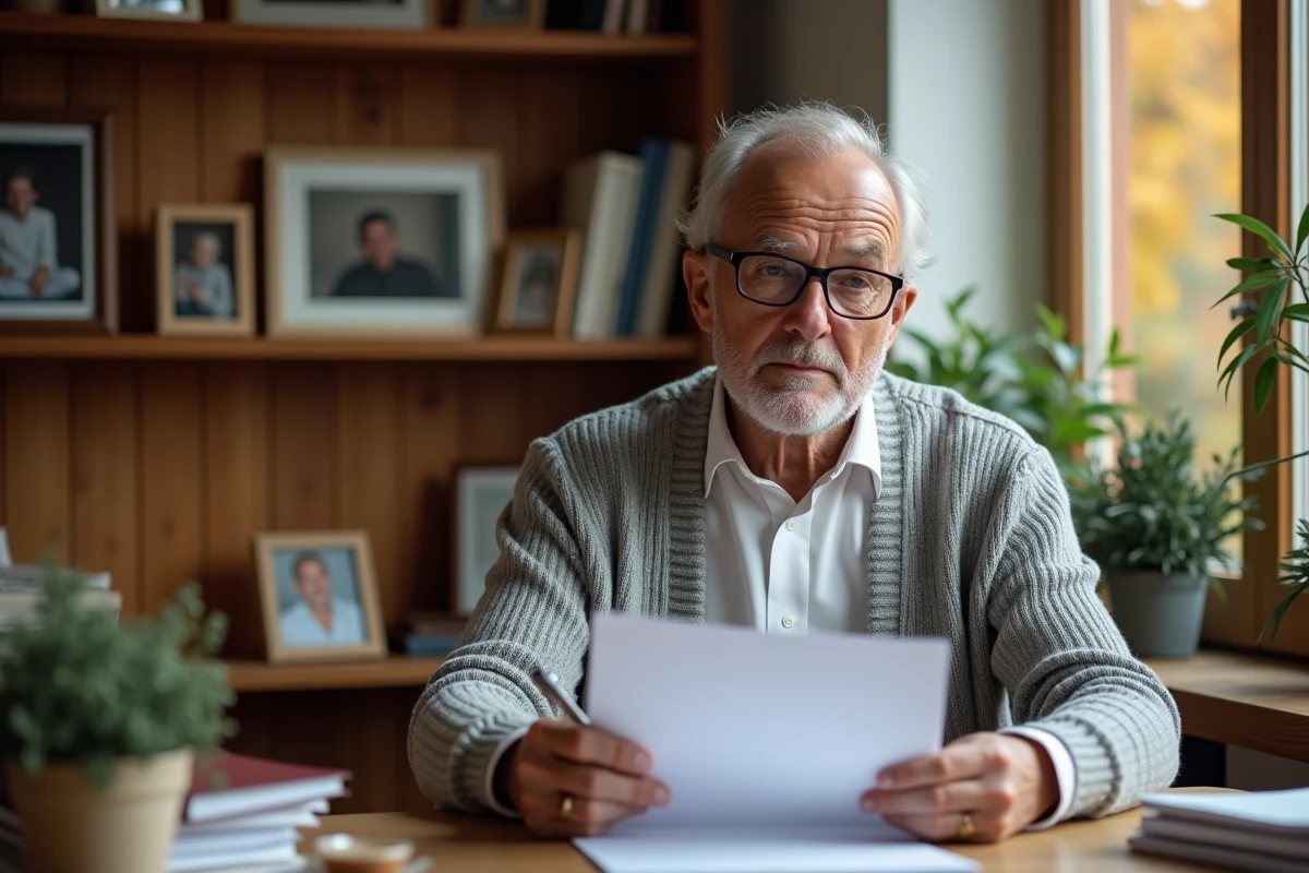Homme âgé lisant seul des documents sur la succession et l'héritage après un remariage dans un bureau à domicile
