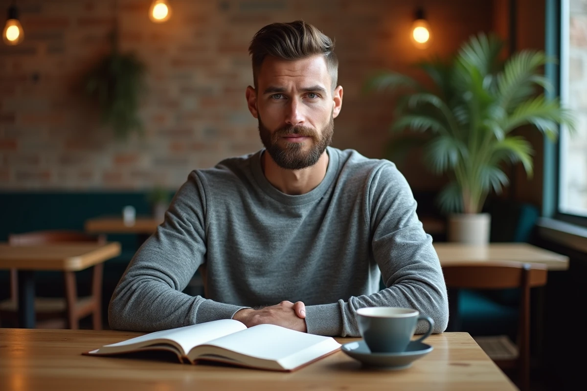 Homme séduisant et soigné assis dans un café avec un carnet, symbolisant l'attractivité par la confiance et le style naturel
