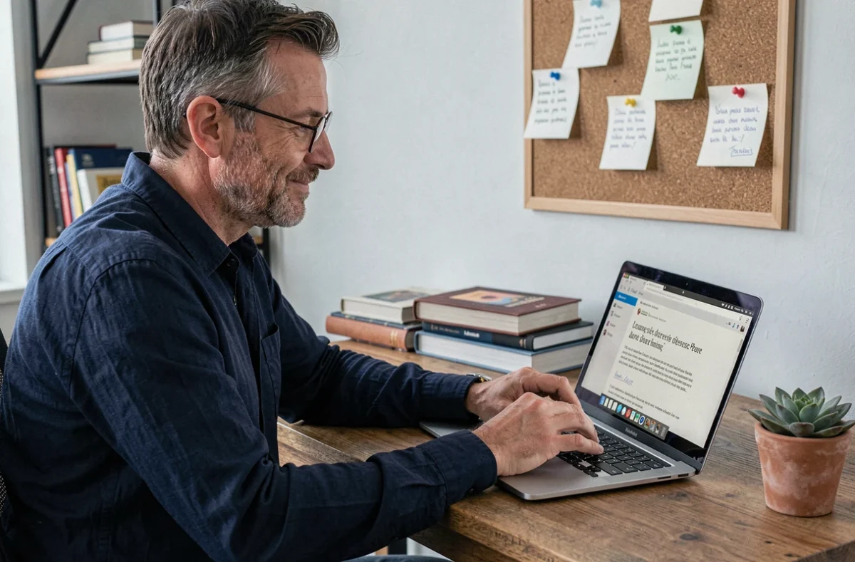 Homme parcourant une bibliothèque numérique de livres en français sur son ordinateur portable dans un bureau à domicile