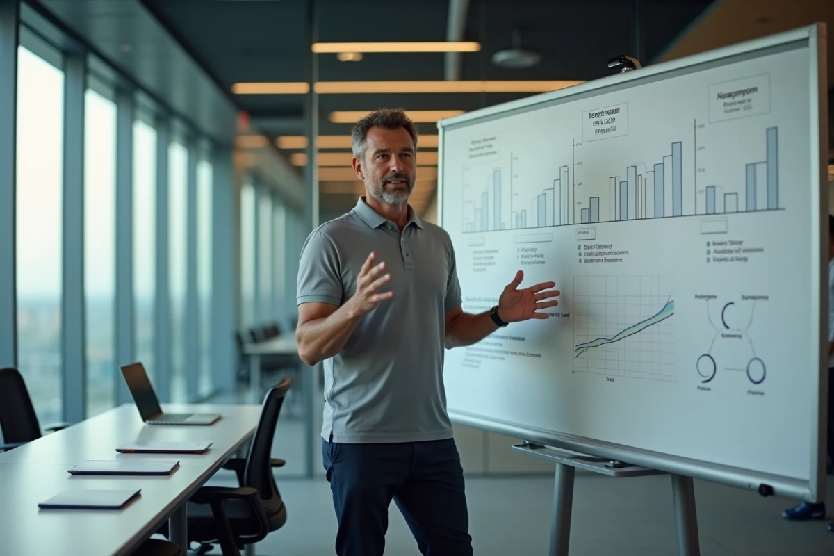 Homme cadre présentant devant un tableau blanc en salle de réunion, représentant un emploi avec des horaires réguliers de bureau