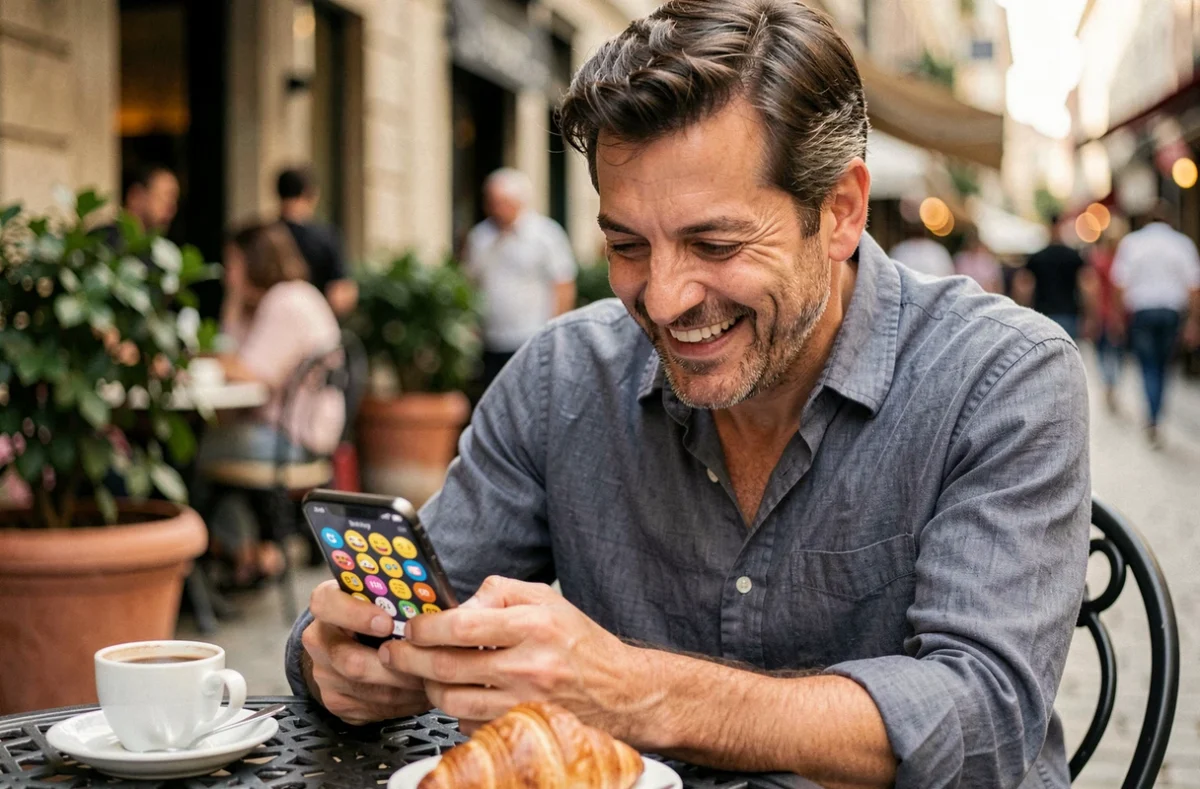 Homme souriant en terrasse de café choisissant un smiley anniversaire rigolo sur son téléphone