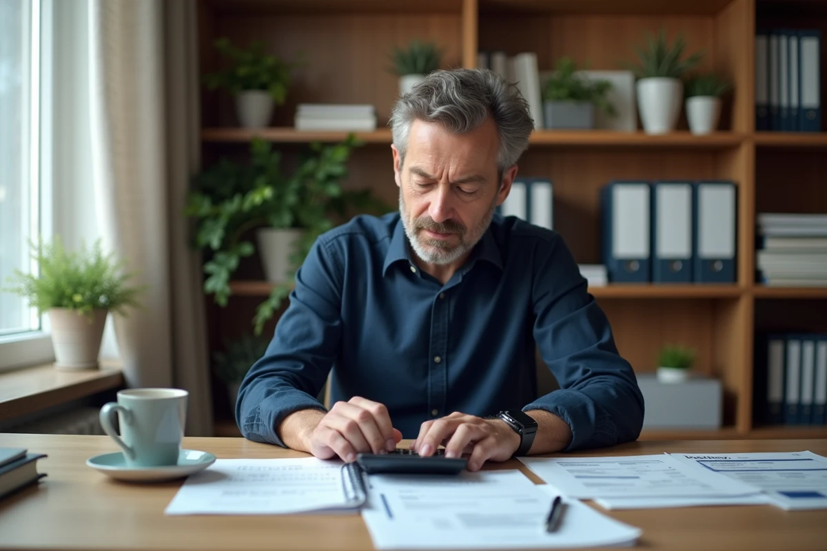 Homme organisant ses relevés bancaires et calculant son budget mensuel dans un bureau à domicile