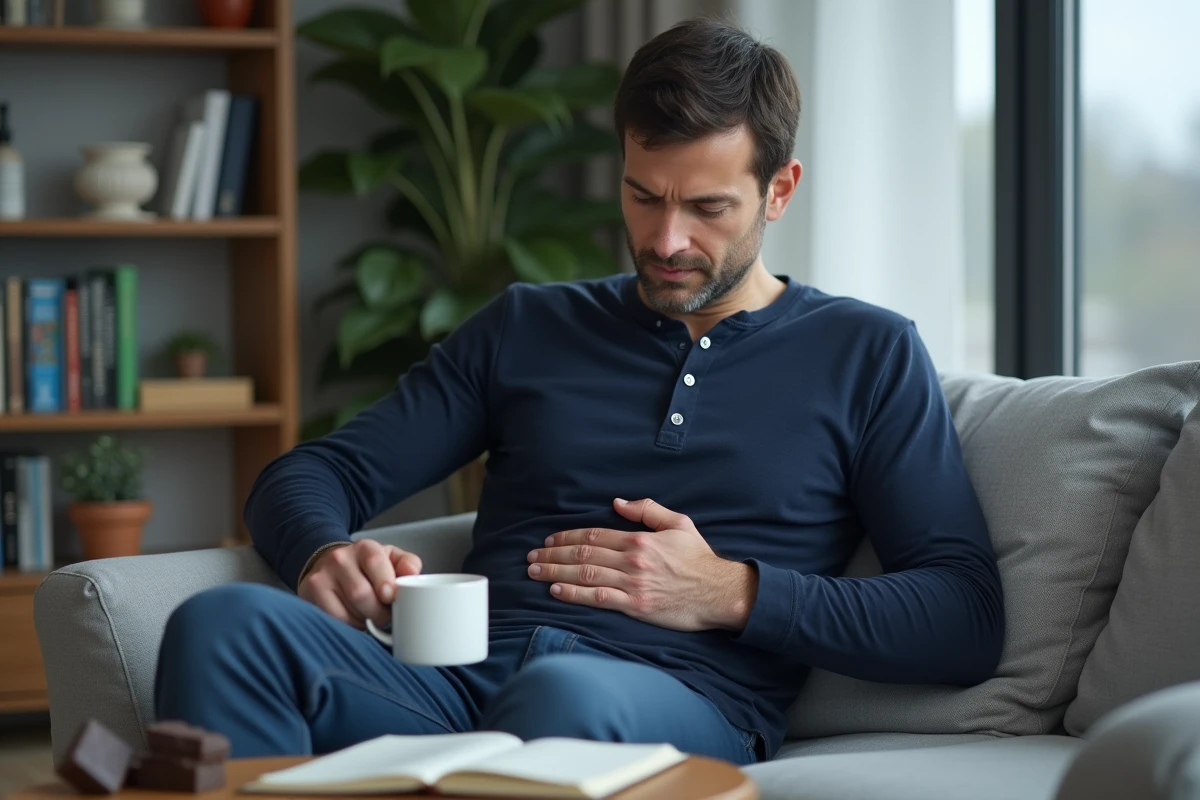 Homme assis tenant une tasse avec du chocolat sur la table basse, illustrant la question du chocolat et du syndrome de l'intestin irritable