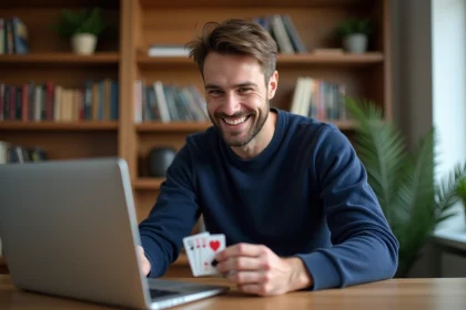Homme jouant à la coinche en ligne sur un ordinateur portable dans un bureau à domicile confortable