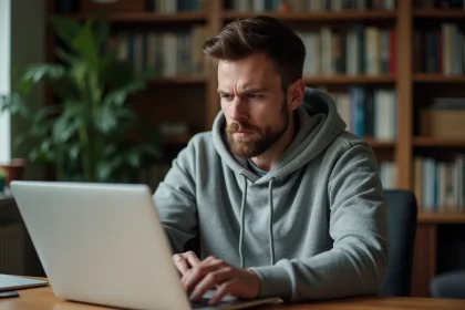 Homme évaluant des plateformes de partage de fichiers sur son ordinateur portable dans un bureau à domicile