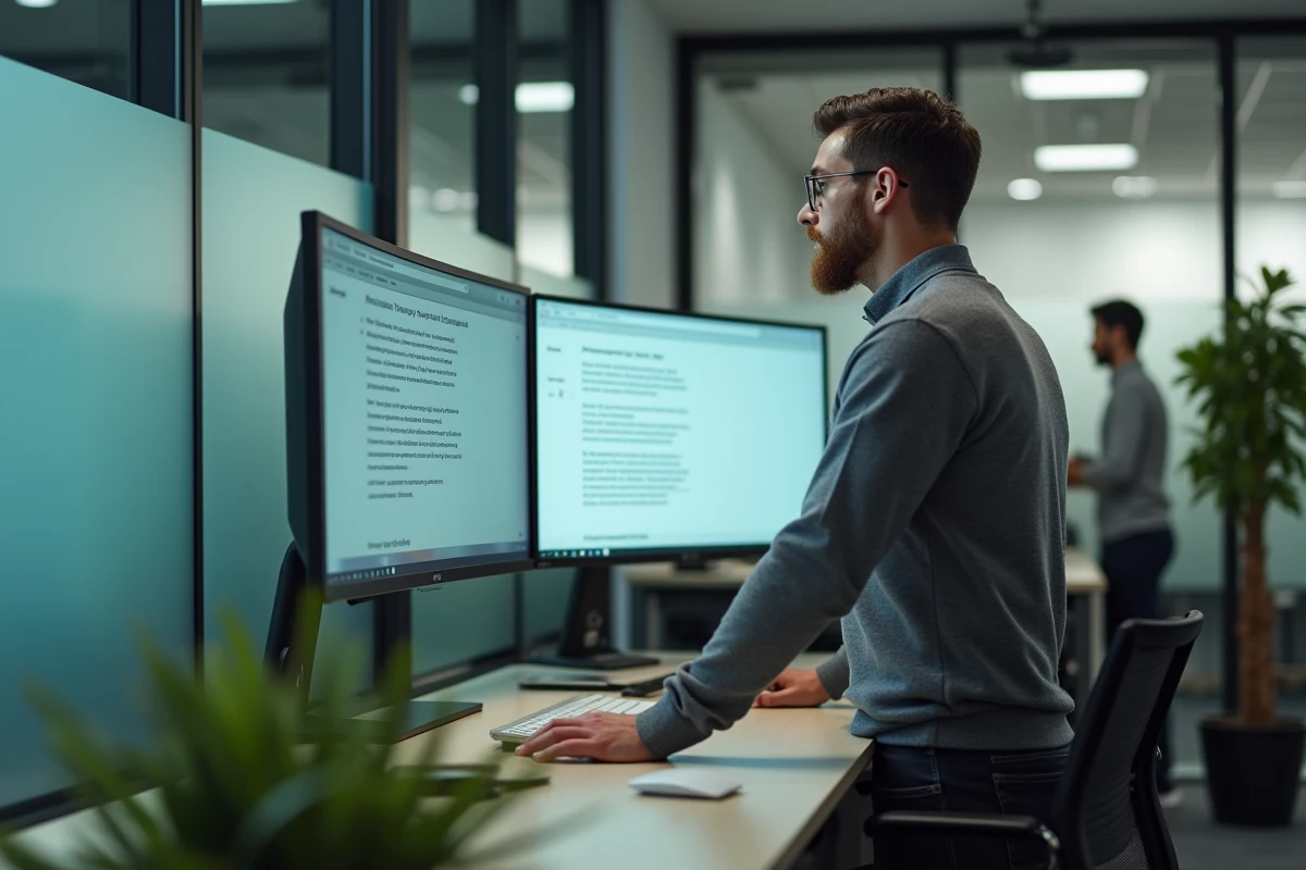 Homme comparant des traductions français-anglais sur un écran d'ordinateur en bureau open space