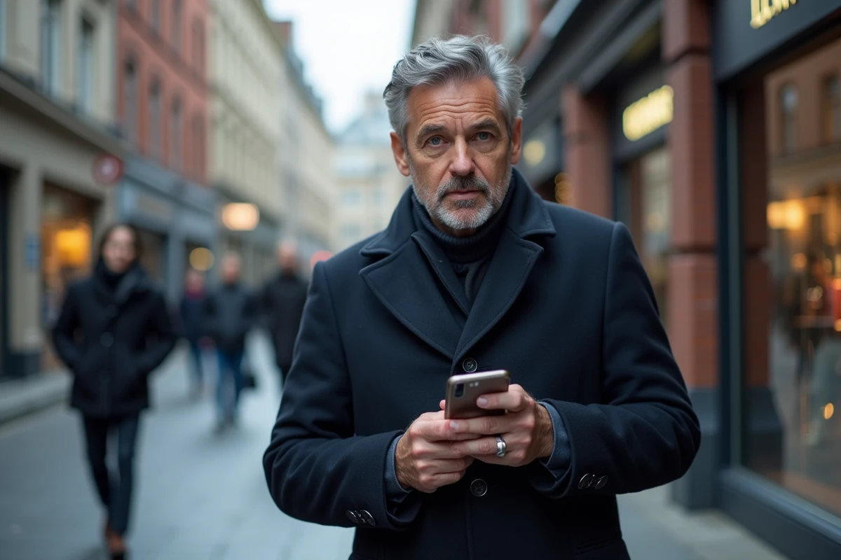 Homme protégeant son smartphone dans une rue urbaine, symbole de la confidentialité des données personnelles