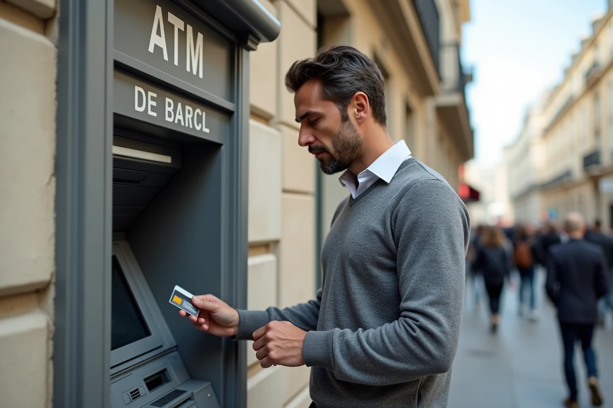 Un homme utilise un distributeur automatique de billets dans une rue parisienne