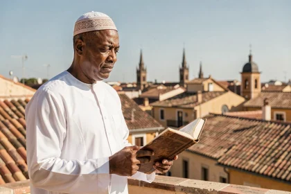Homme en djellaba blanche consultant un calendrier de salat sur une terrasse avec vue sur les toits de Valence
