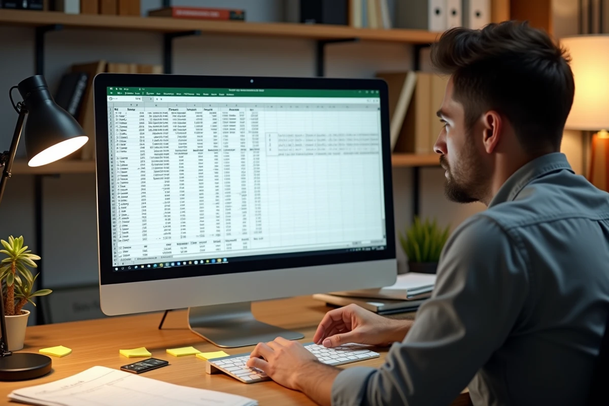 Homme travaillant depuis chez lui sur une formule Excel de conversion d'heures en centièmes sur grand écran