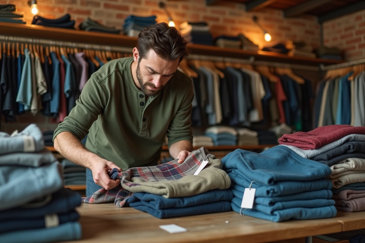 Homme triant des vêtements d'occasion dans une friperie vintage aux murs en briques, illustration de la mode durable et du recyclage textile