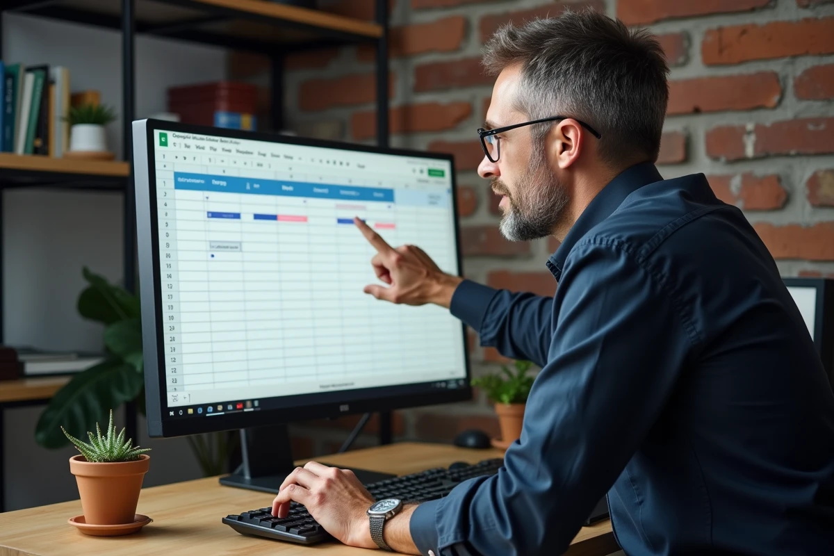 Homme travaillant sur un fichier Google Sheets avec numérotation des semaines impaires en 2026 sur écran d'ordinateur