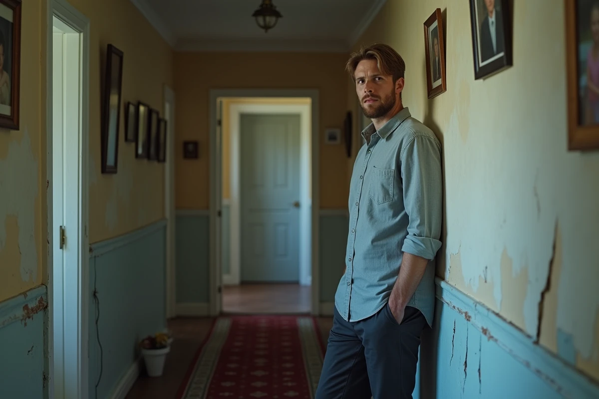Homme seul dans un couloir familial, les mains dans les poches, expression tendue, isolé du reste de la famille