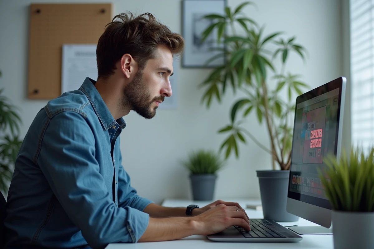 Homme concentré jouant à un jeu de mots Wordle sur son ordinateur portable dans un bureau minimaliste