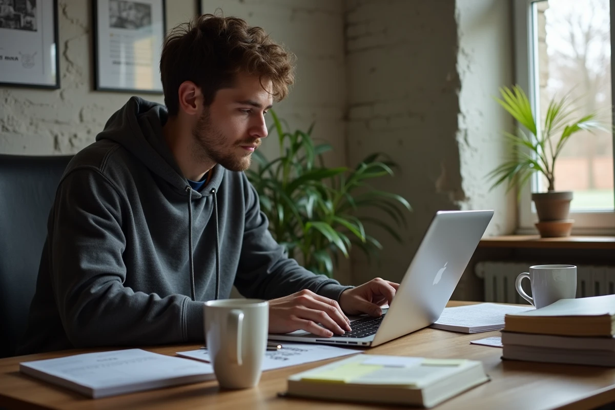 Jeune homme consultant une plateforme alternative de lecture de manga sur ordinateur portable dans un bureau à domicile