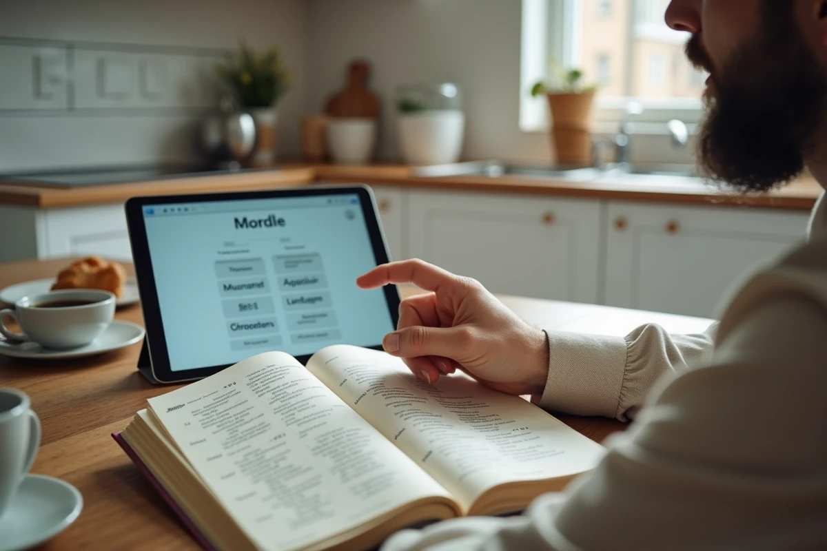 Homme consultant un lexique de vocabulaire avancé à côté d'une grille Wordle sur tablette pour optimiser sa stratégie de jeu