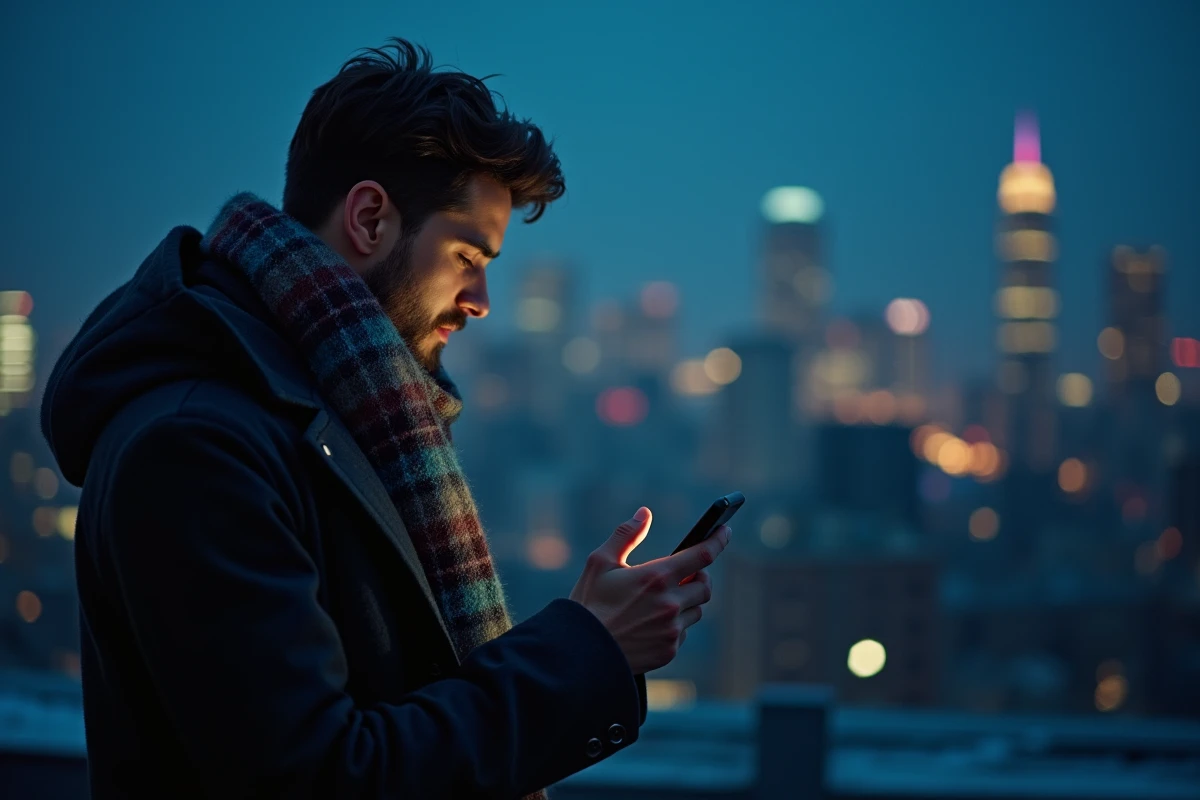 Homme lisant un poème de bonne année sur son téléphone sur un toit urbain à minuit