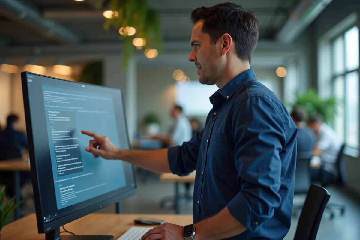 Homme professionnel interagissant avec un modèle de langage LLM dans un bureau technologique moderne