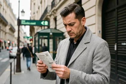 Homme tenant un PV RATP froissé devant une station de métro parisienne