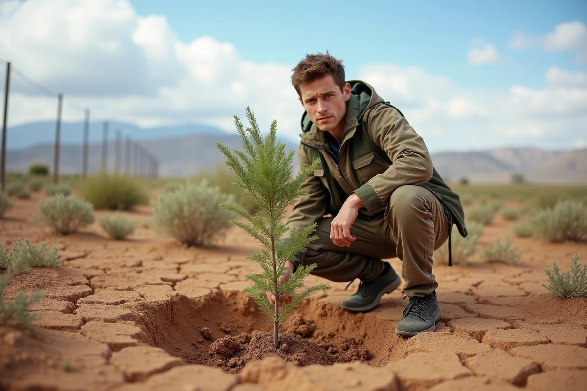 Homme plantant un arbre dans un paysage aride symbolisant les enjeux environnementaux du développement durable