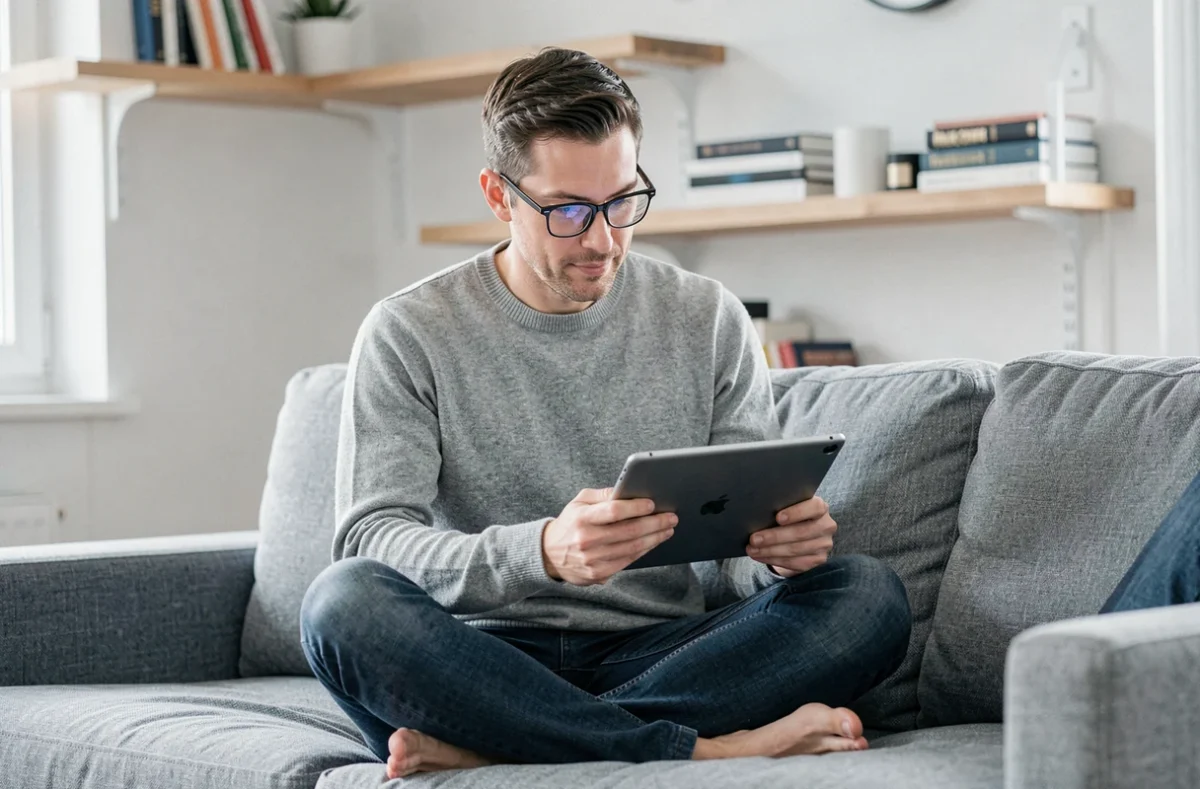 Homme consultant une plateforme juridique en ligne sur une tablette depuis son salon, illustrant l'accès simplifié au droit numérique