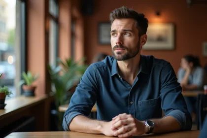 Homme dans un café qui regarde discrètement une personne hors cadre, expression neutre et curieuse illustrant la différence entre attirance et curiosité