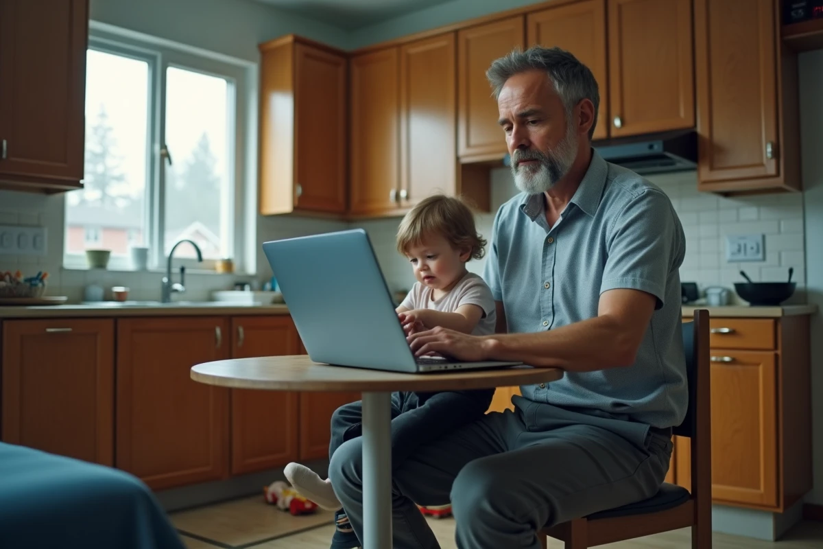 Homme en réunion vidéo depuis sa cuisine avec un enfant en bas âge, symbolisant les difficultés de conciliation vie pro et vie perso en télétravail