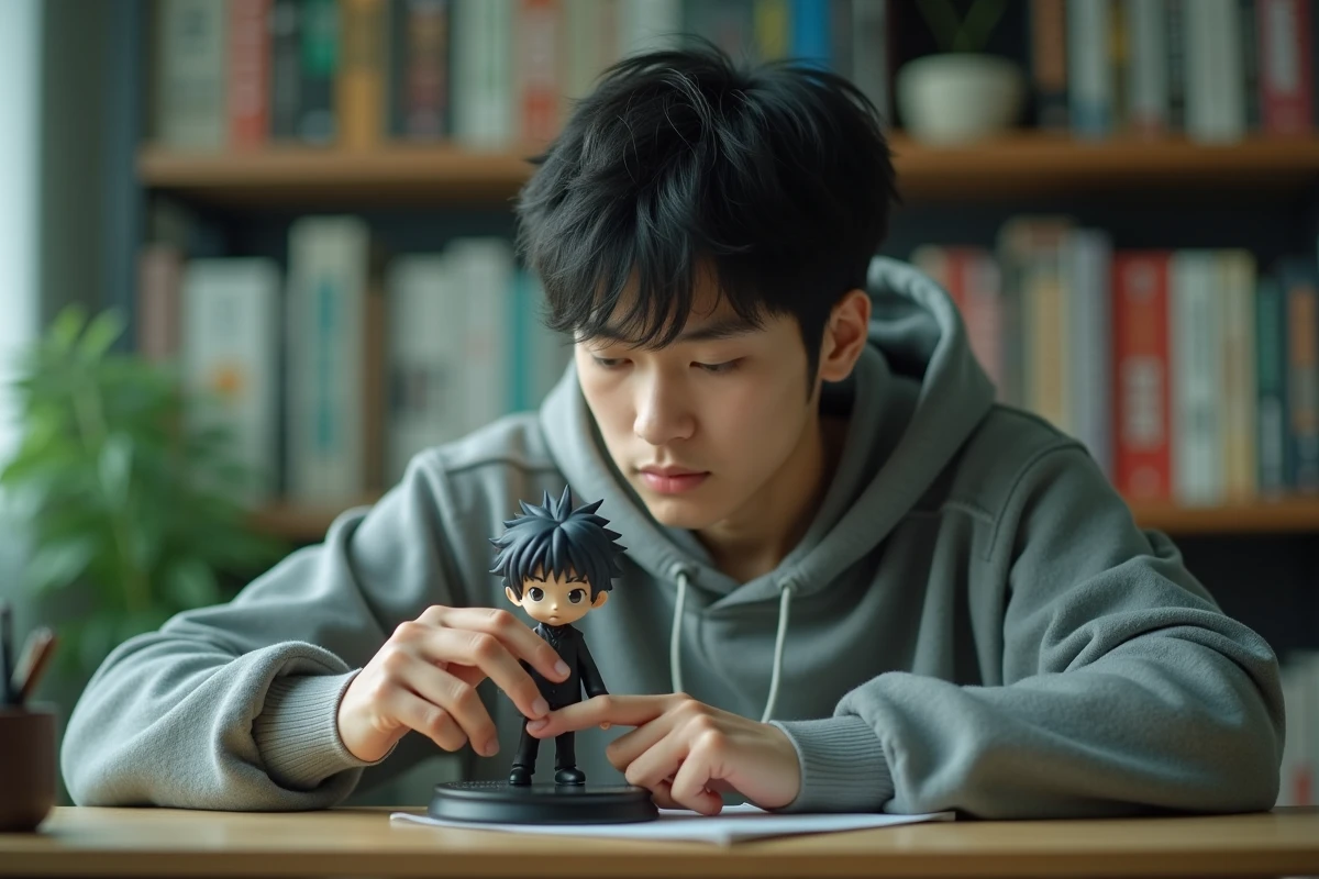 Jeune homme examinant une figurine Hunter x Hunter pour identifier les marquages officiels d'un produit authentique