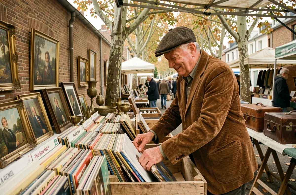 Homme fouillant des vinyles anciens dans une brocante du 78 lors d'un marché de dernière minute