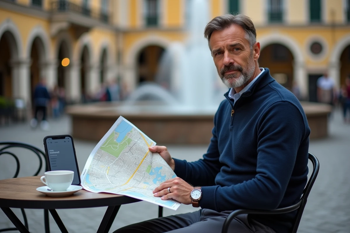Homme en voyage utilisant son téléphone et une carte pour localiser des commerces ouverts dans une place de ville inconnue