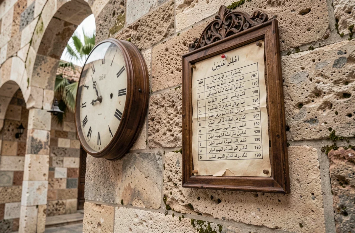 Horloge analogique et tableau des horaires de prière en arabe sur un mur de pierre de mosquée à Valence