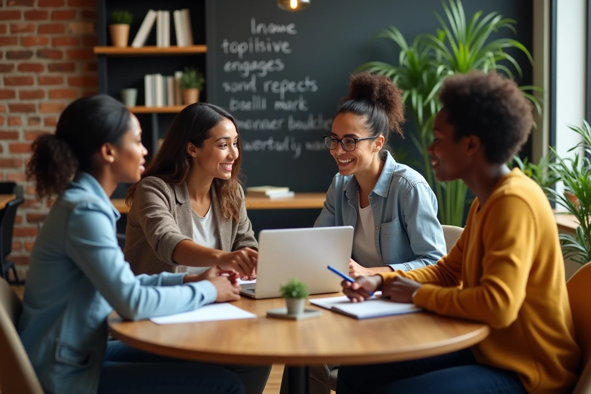 Équipe diversifiée de quatre salariés participant activement à une prise de décision collective autour d'une table ronde