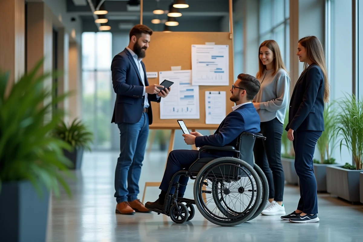 Manager en fauteuil roulant animant une réunion debout avec son équipe dans un couloir de bureau accessible, illustrant l'inclusion du handicap en entreprise