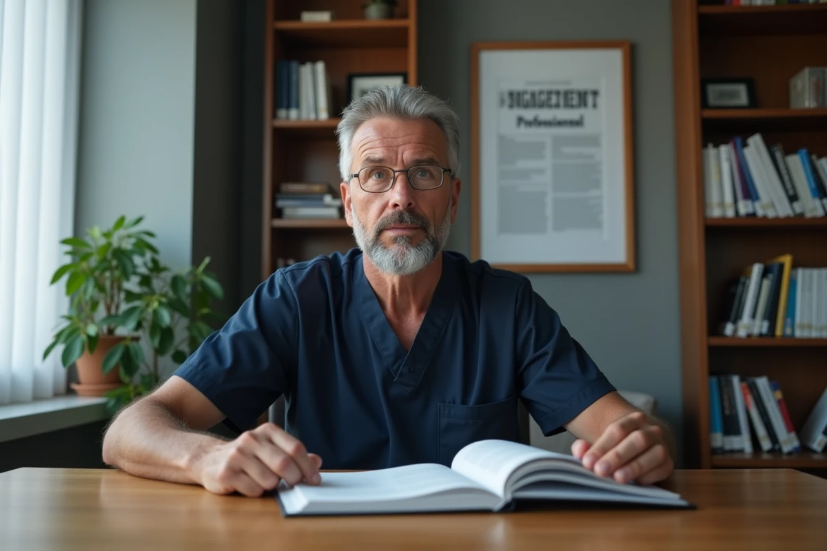 Infirmier consultant le serment professionnel affiché dans un bureau médical