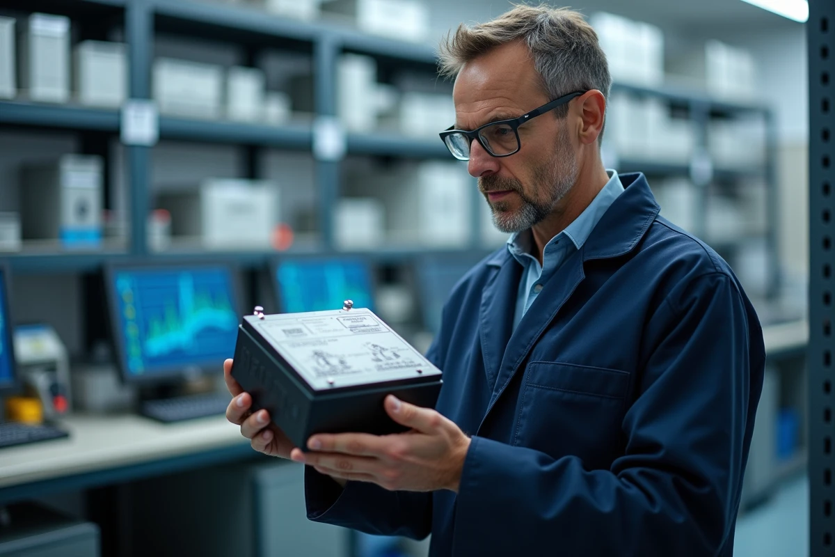 Ingénieur tenant une cellule de batterie prismatique dans un laboratoire de recherche et développement spécialisé