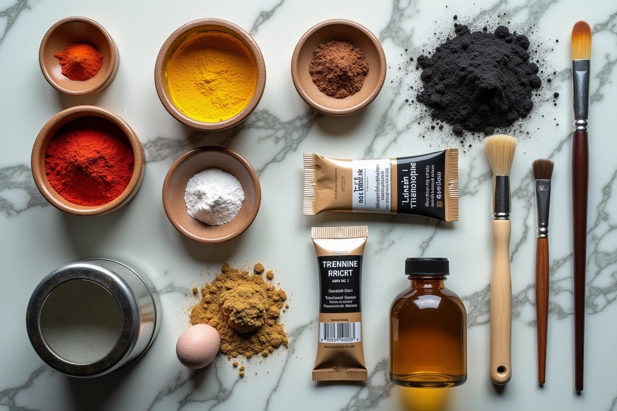 Vue à plat des ingrédients de la peinture artistique sur marbre : pigments, huile de lin, solvants et pinceaux