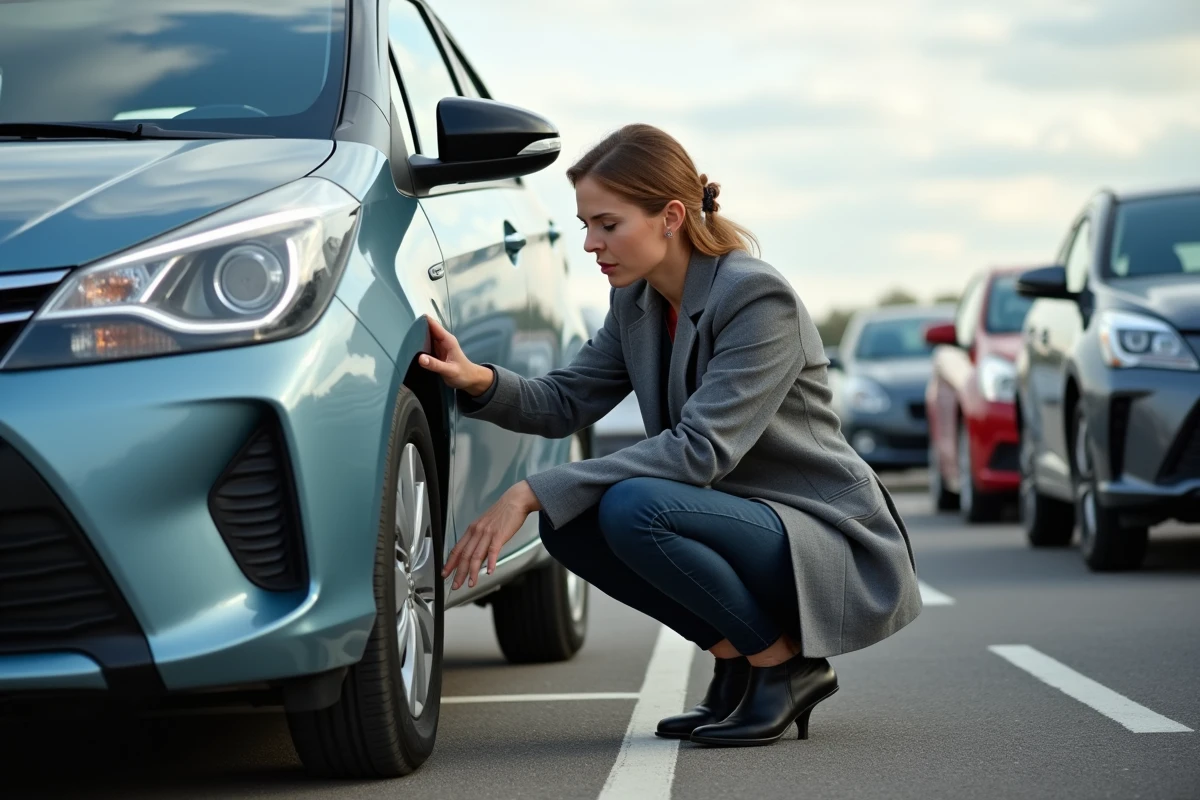 Femme inspectant la carrosserie d'une voiture d'occasion dans un marché automobile en plein air