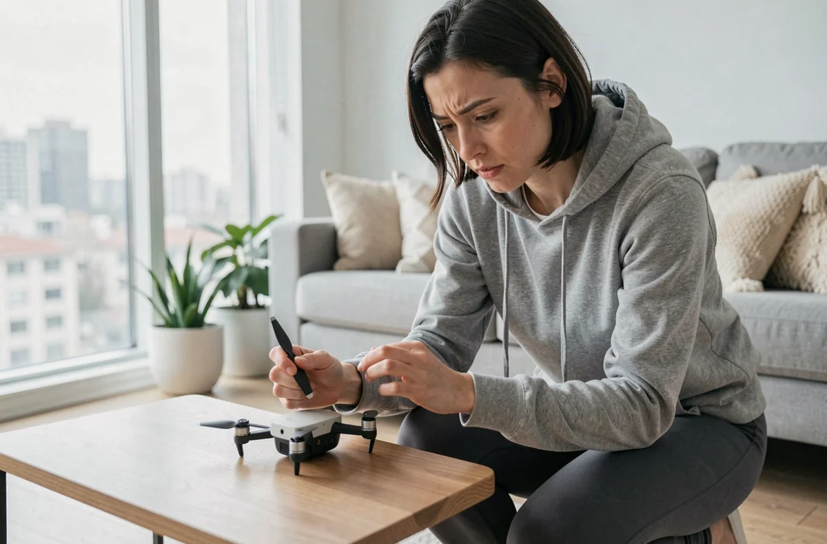 Femme inspectant les hélices d'un drone Parrot minidrone après une erreur de pilotage en intérieur